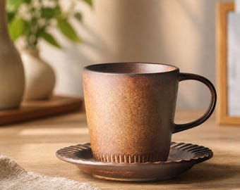 Ceramic Mugs with Saucer Set, Handmade Japanese Coffee Cup, Rustic Pottery Mug, Artisan Tea Cup, Wabi Sabi Stoneware Decor Gift
