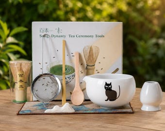 Matcha Set Japanese Tea Ceremony Kit, Cat Matcha Bowl with Spout, Matcha Whisk Set, Bamboo Scoop, Ceramic Matcha Bowl, Chasen Holder Gift