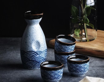 Japanese Sake Set Ceramic Blue Wave Cups & Carafe | Handcrafted Drinkware for Home Bar | Asian Style Wine Warmer Gift