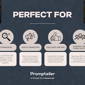 May include: Graphic promoting Promptelier, AI prompts for professionals. The image features icons for SEO managers, digital marketers, freelance writers, and content teams using ChatGPT. Text includes "Perfect For" and descriptions of each user group's benefits.