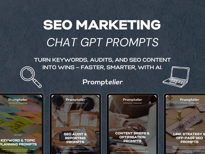 May include: Image promoting SEO marketing with the text "SEO MARKETING CHAT GPT PROMPTS." It also says "Turn keywords, audits, and SEO content into wins - faster, smarter, with AI." The image includes a magnifying glass, laptop, and four tablet screens.