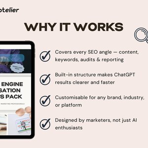 May include: A digital tablet displays the text "SEARCH ENGINE OPTIMISATION PROMPTS PACK" with the PrompTelier logo. The image also includes the text "WHY IT WORKS" and bullet points describing the product's features.