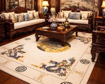 Hand Tufted Chinese Area Rug – China Dragon Design white Handmade Carpet for living room