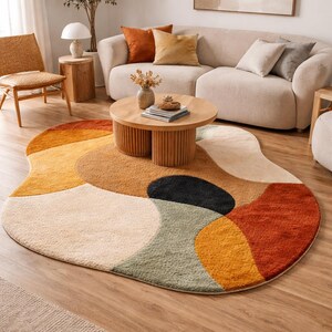 Hand Tufted Rug in Rust, Beige & Red – Modern Abstract Area Rug for Living Room Decor "Welcome to our home" in white lettering. The sign features a distressed finish and a simple, inviting design, perfect for entryway decor.