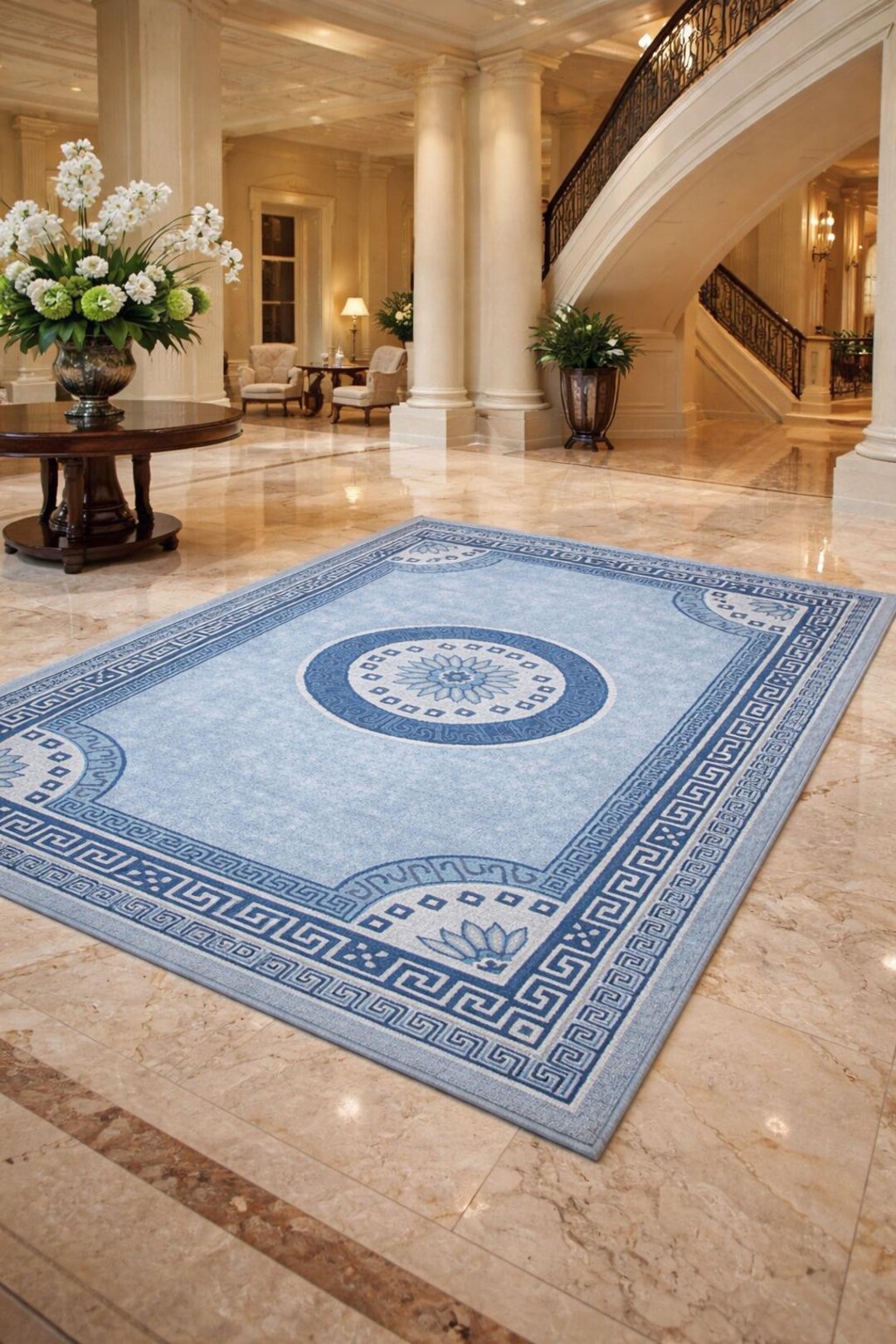 Traditional Blue Rugs Traditional Blue Rug, Greek Key & Floral Medallion European Design - Etsy