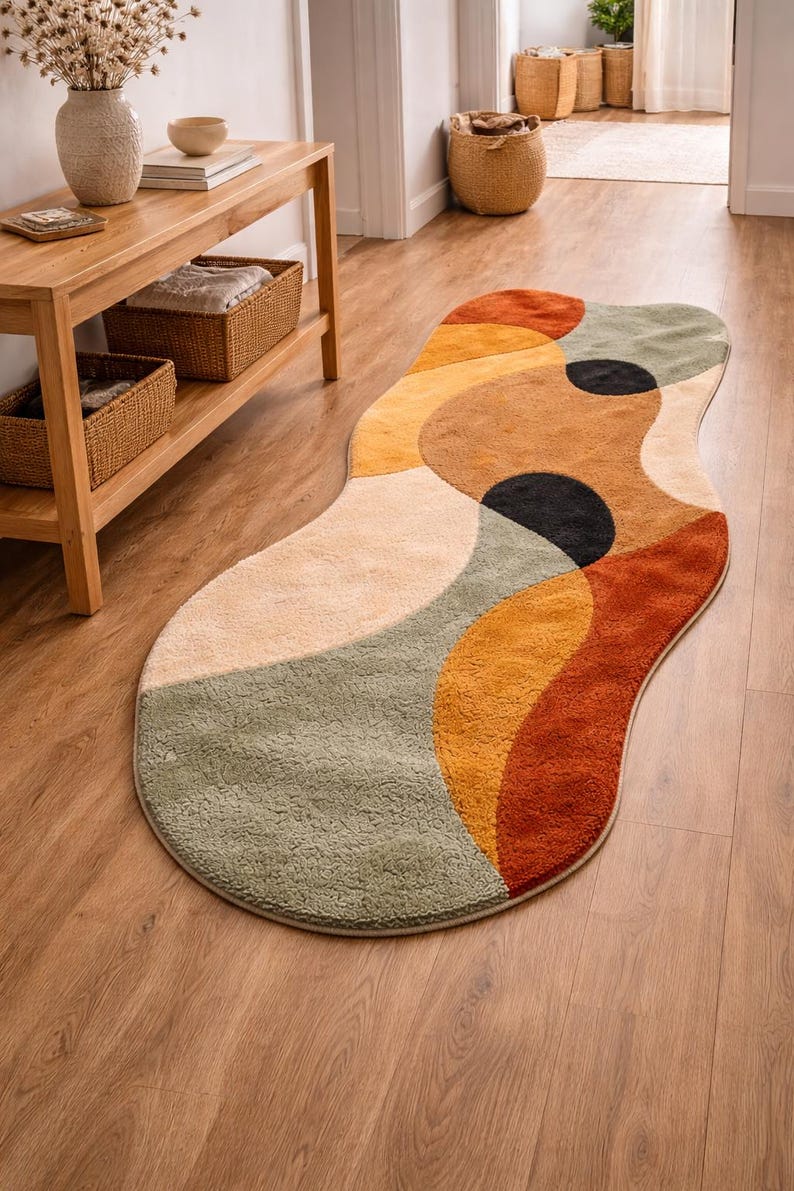 Luxury Modern Rug – Hand Tufted Rust & Beige Statement Rug for Home Decor. Abstract Hand Tufted Rug – Rust Red Beige Artistic Carpet for Living RoomAn abstract-shaped rug with a soft, textured surface. The rug features a design of overlapping shapes in shades of beige, orange, brown, green, and black. The rug is placed on a hardwood floor.