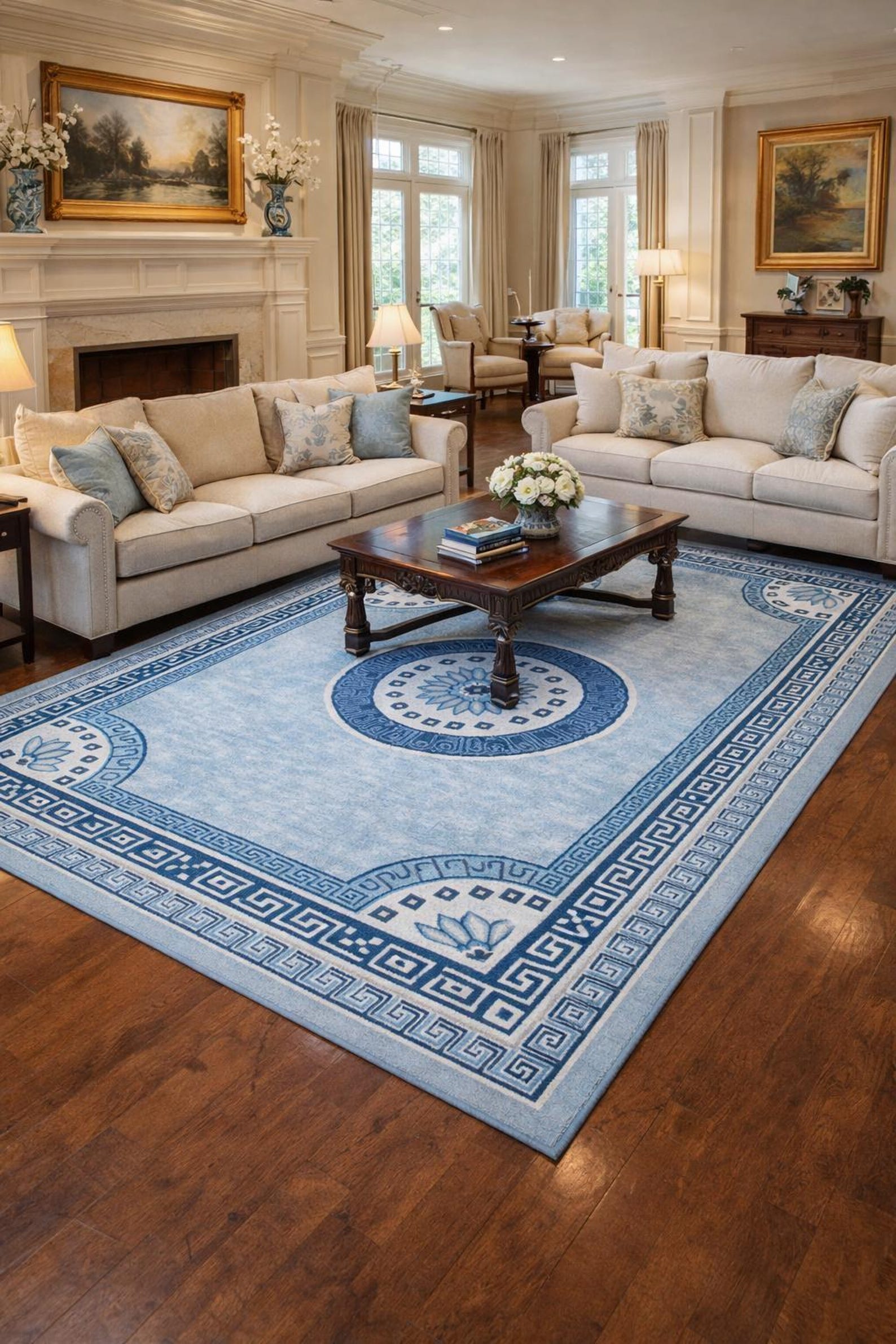 Traditional Blue Rugs Traditional Blue Rug, Greek Key & Floral Medallion European Design - Etsy