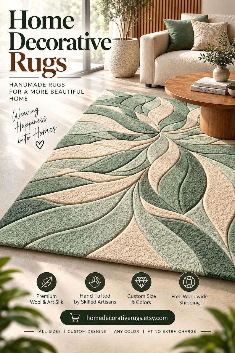 Custom Design Size Hand Made Wool Area Rugs, Sage Green Beige Living ...