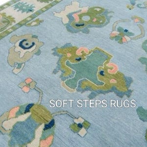 9x12 10x14 8x10 Turkish Oushak Rug Modern Vintage Oushak Hand Knotted Turkish Rug Blue Light Bright Large Area Rug Office Boho Dining Rug