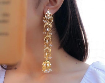 Gold Plated Kundan Jhumka Earrings – Long Layered Bridal Dangler