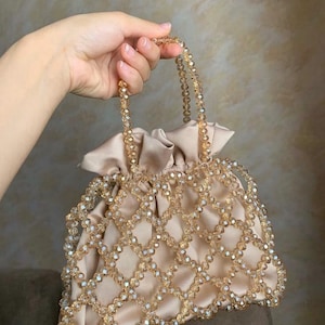 May include: A beige satin drawstring bag with a beaded overlay. The bag features a grid-like pattern of clear, faceted beads. The handles are also made of beaded strands. The bag is held by a hand.