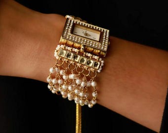 Vergoldete Perlen Kundan Armband Uhr - Indischer Hochzeitsschmuck