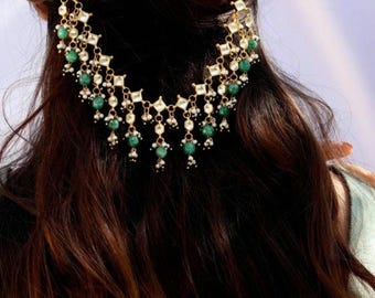 KYONA handmade Kundan Hair Drape with Pearl Droplets – Elegant Back-of-Head Hair Vine with Emerald Green Beads.