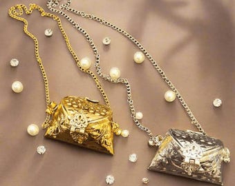 Vintage Hand-Engraved Gold and Silver Sling Pouches with Charming Bell Droplets- heritage purse