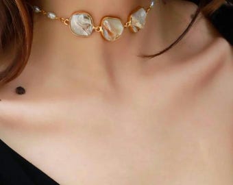 Handmade Baroque Pearl Choker Gold Polished Statement Necklace Adjustable Elegant Minimalist Bridal Jewelry