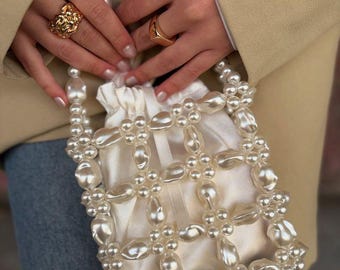Pearl Beaded Cage Handbag- Bridal Pearl Bag, Handmade Beaded Evening Bag