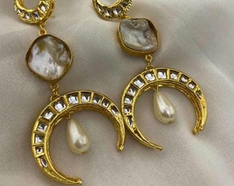 Handmade Gold Crescent Moon Earrings – Pearl Drop, Ethnic Jhumki