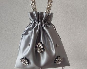 SITARA Satin Potli Bag with Pearl Handle and Crystal Embellishments