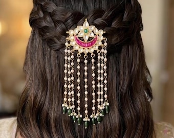 YAMA Kundan Hair Accessory with Emerald Green & Ruby Pink Accents — Traditional Bridal Juda Pin with Pearl String Extensions for Weddings