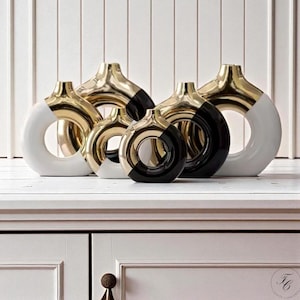 Modern Gold Blocked Vase, Ceramic Home Decor, Perfect For Living Room, Counter-Top Decor, Hand-Crafted Luxury Style Vase, Stylish Plant Vase