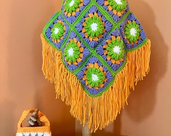 Handmade Crocheted childrens Halloween Poncho and Bag Set, Size 6-6x