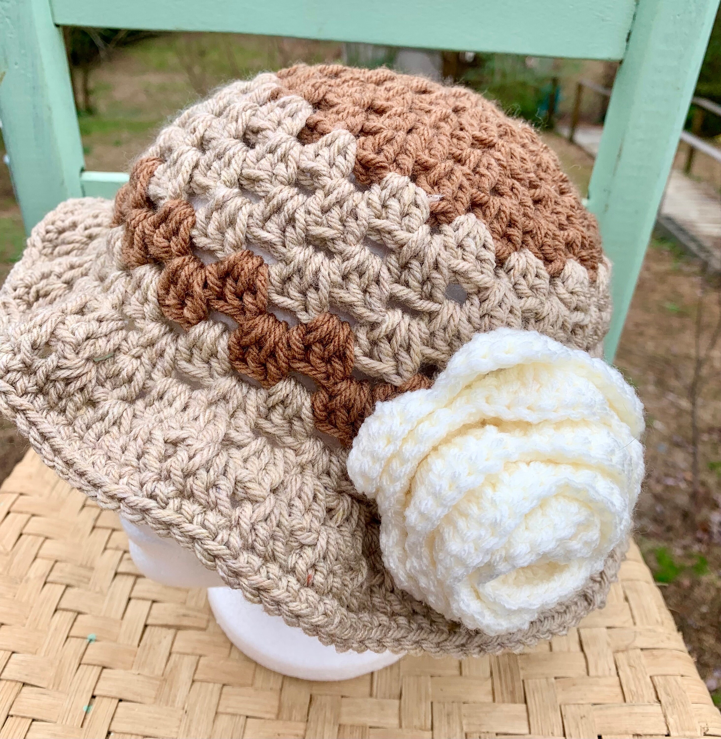 Classic Crochet Brown Floral Bucket Hat Faux Pearl Accents Blooming Ruffle Crochet Bucket Hat , Brown Beige and Gold  main image 3