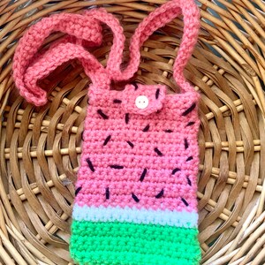 Bolso bonito para teléfono móvil tejido a crochet con forma de sandía