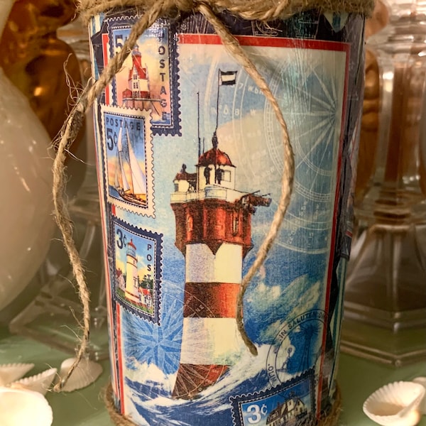 Vintage-look vintage light house nautical themed ephemera up-cycled tin can container