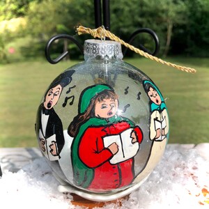 Christmas Caroling hand painted one of a kind  4&quot; glass ornament