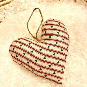 Scrappy Hearts red stripe and green heart christmas ornament (sold individually)
