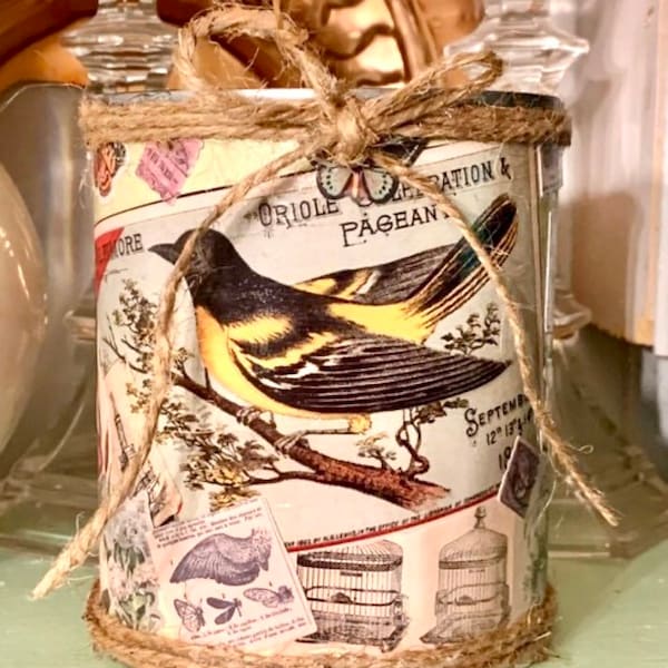 Beautiful rustic vintage-look bird and frog nature themed up-cycled tin can container