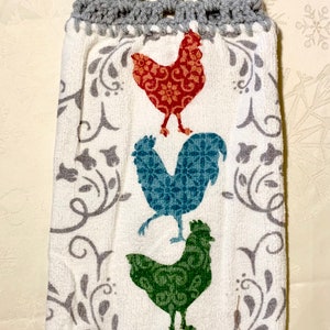 Bless this house  chicken and hen crocheted-topped hanging dish towel