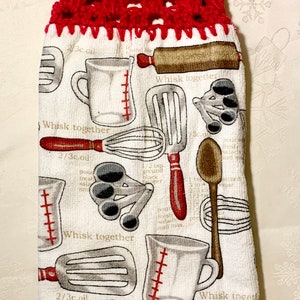 Kitchen utensils crocheted hanging dish towel red and white