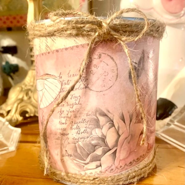 Beautiful rustic vintage-look victorian shabby chic themed up-cycled tin can container victorian love letters collection