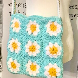 Pretty Purses Sweet mint and white daisy hand crocheted granny square tote bag