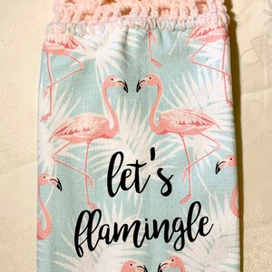 Pink flamingos crocheted topped hanging dish towel