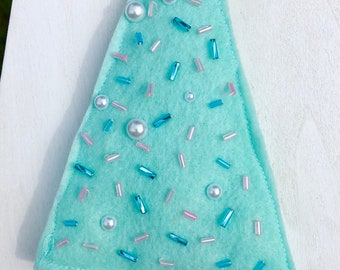 Handmade hand-sewn beaded felt christmas tree ornament decoration