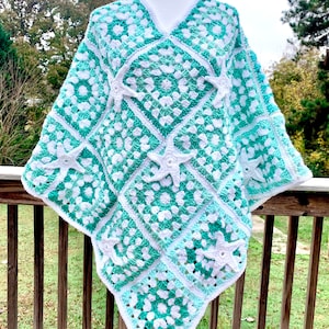 Sparkly starfish by the seashore beautiful hand crocheted aqua blue granny square poncho