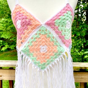 Summer sherbet crochet fringed beaded crop top size S