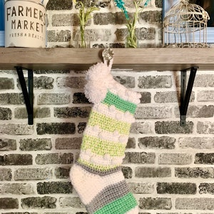 Pretty lime spearmint gray and white pompom bubbled hand crocheted Christmas stocking decoration