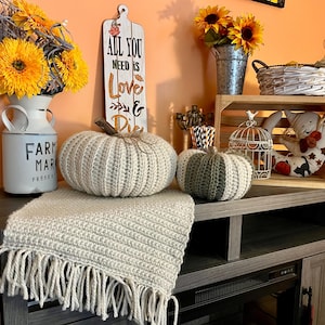 May include: A cozy fall-themed display featuring a cream-colored crocheted pumpkin, a smaller green and cream pumpkin, and a fringed throw blanket. Decorative sunflowers in a white milk jug and a metal bucket add pops of yellow. A wooden sign reads "All You Need is Love & Die".