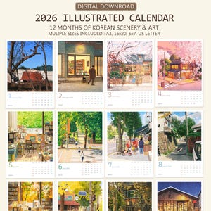 Pode incluir: Calendário ilustrado de 2026 com 12 meses de paisagens e arte coreana. Inclui vários tamanhos: A3, 40.6x50.8cm, 12.7x17.8cm e US Letter. Cada mês apresenta uma ilustração diferente, com datas e dias da semana.