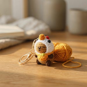 May include: A handmade crochet sheep keychain with a gold-colored keyring. The sheep is brown with a white hood, yellow scarf, and a small red accent. A ball of yellow yarn sits next to the sheep.