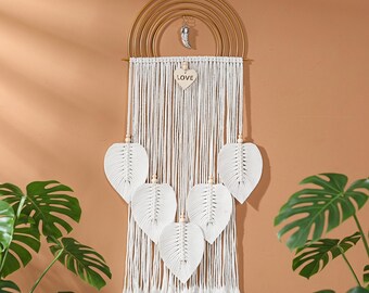 Leaf Macrame Wall Hanging, Boho Nordic Tapestry Decor, Bedroom Wall Art Gift, Rainbow Arch Fringe Accent