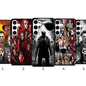 May include: Five phone cases with horror movie character designs. The cases feature images of iconic villains and scenes from popular horror films. Each case has a different design, including characters like Michael Myers and Jason Voorhees.