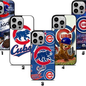 May include: A collection of five phone cases featuring Chicago Cubs baseball team designs. The cases display the team's logo, a blue bear, and the words "Chicago Cubs" in various styles. The color scheme includes blue, red, and white.