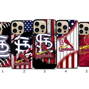 May include: A collection of five phone cases featuring the St. Louis Cardinals logo and imagery. Designs include the team's logo, a baseball, the American flag, and a cardinal bird. Each case has a black border and a camera cutout.
