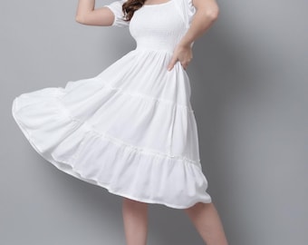 Aawari Women’s Rayon Viscose Solid White A-Line Dress with Puff Sleeves