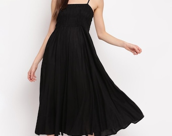 Elegant Black Midi Dress, Smocked Bodice with Spaghetti Straps