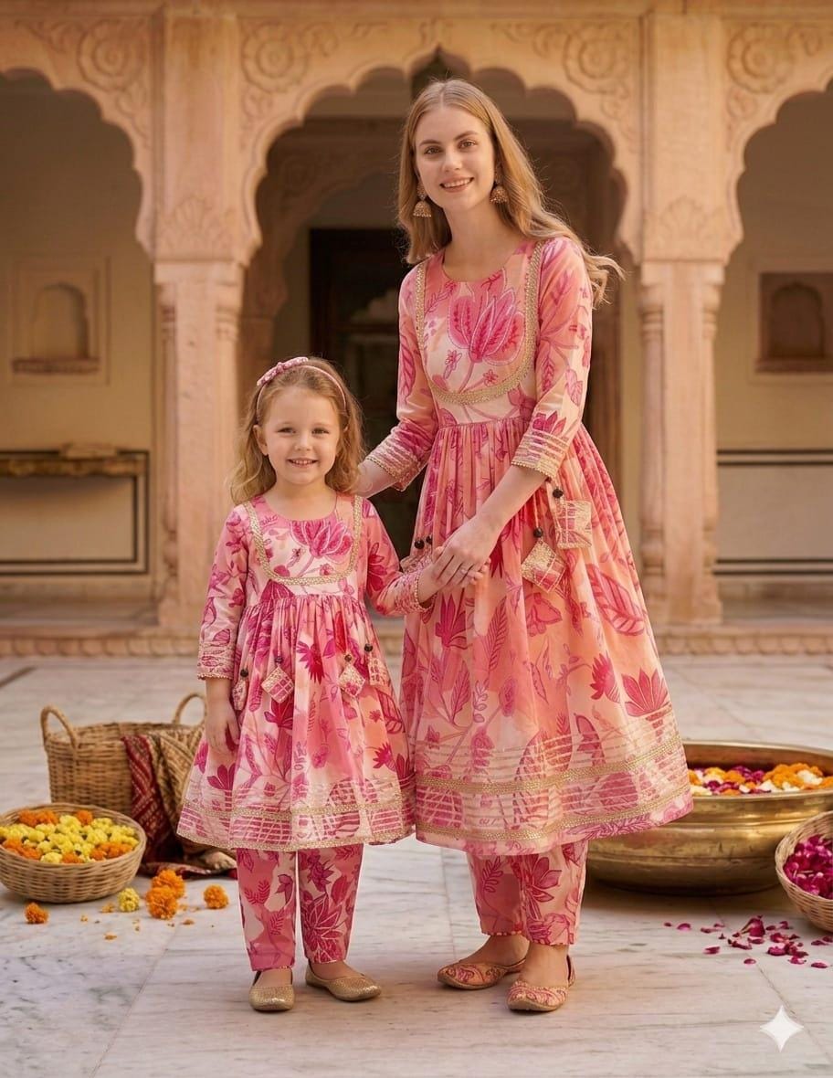 Mom Daughter Pink Floral Print Cotton Anarkali Kurta Set